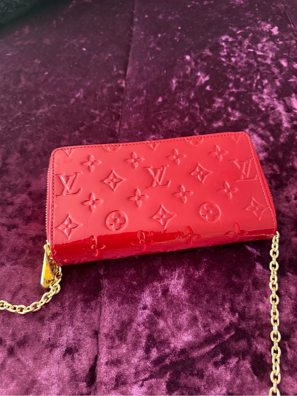 Red Vernis Zip-Around Wallet with Gold Chain crossbody purse